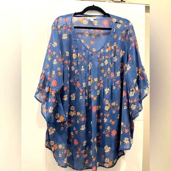 Style & Co., blouse 3X, flutter sleeves, blue with flowers.  NWOT. - Picture 1 of 6